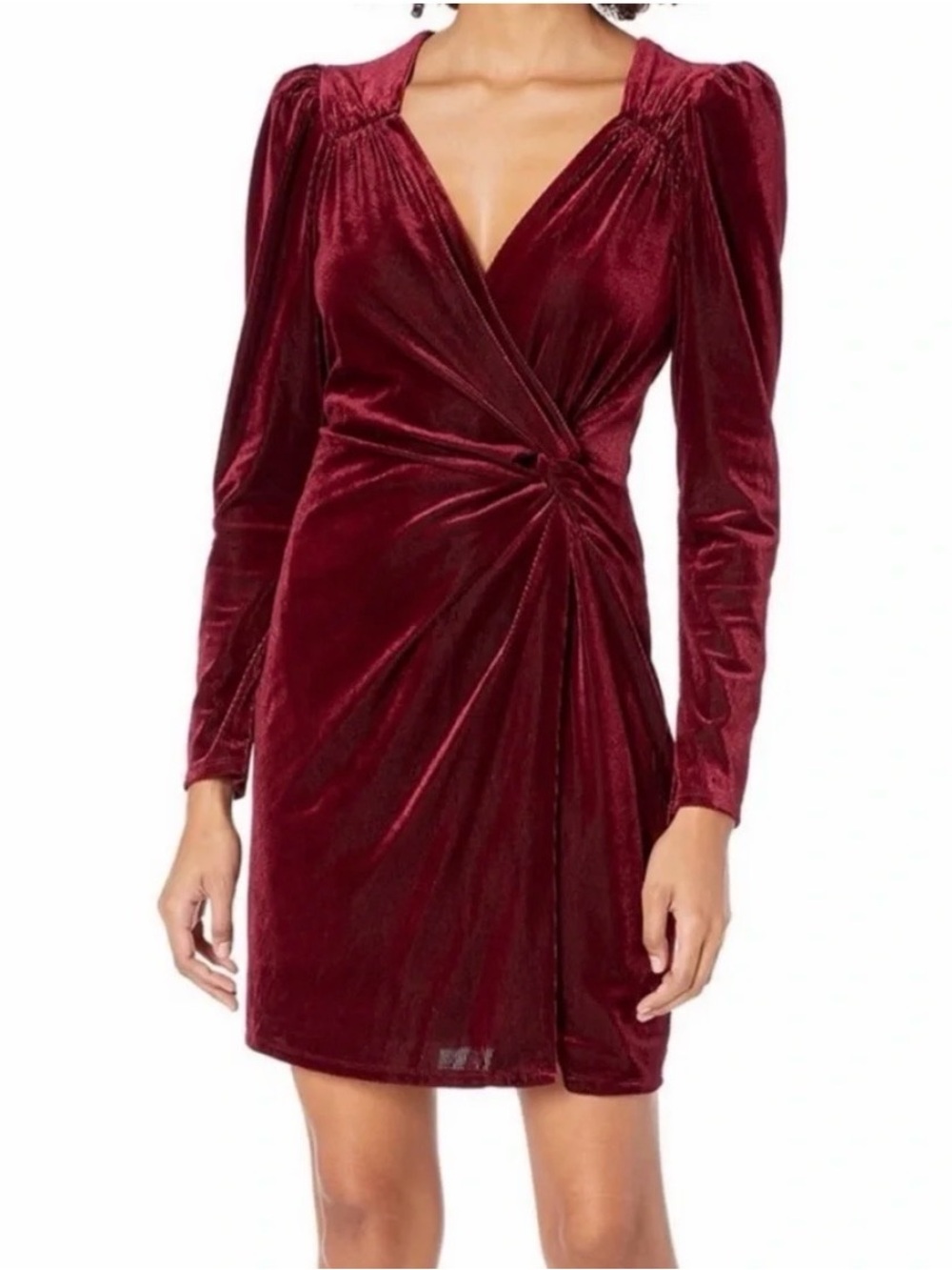 ASTR the Label Lanita Velvet Mini Dress Faux Wrap Tie Waist Long Sleeve Merlot
